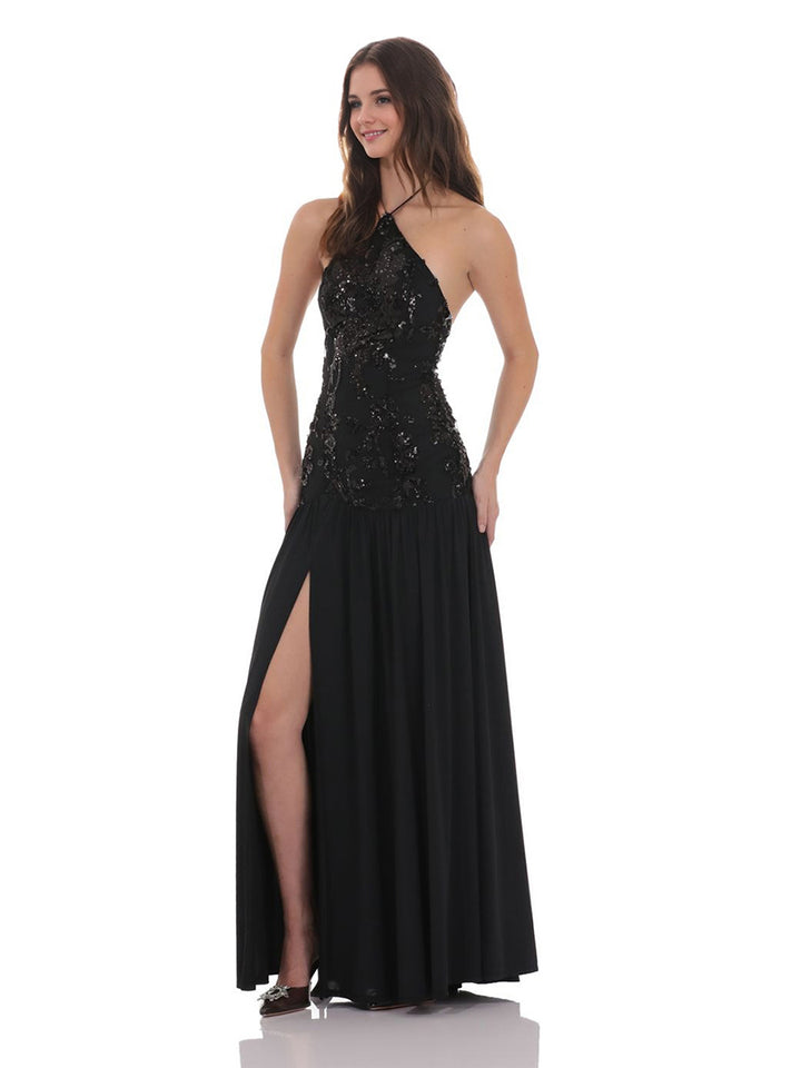 A-Line/Princess Halter Straps Sleeveless Elegant Evening Dresses with Sequins & Split Side
