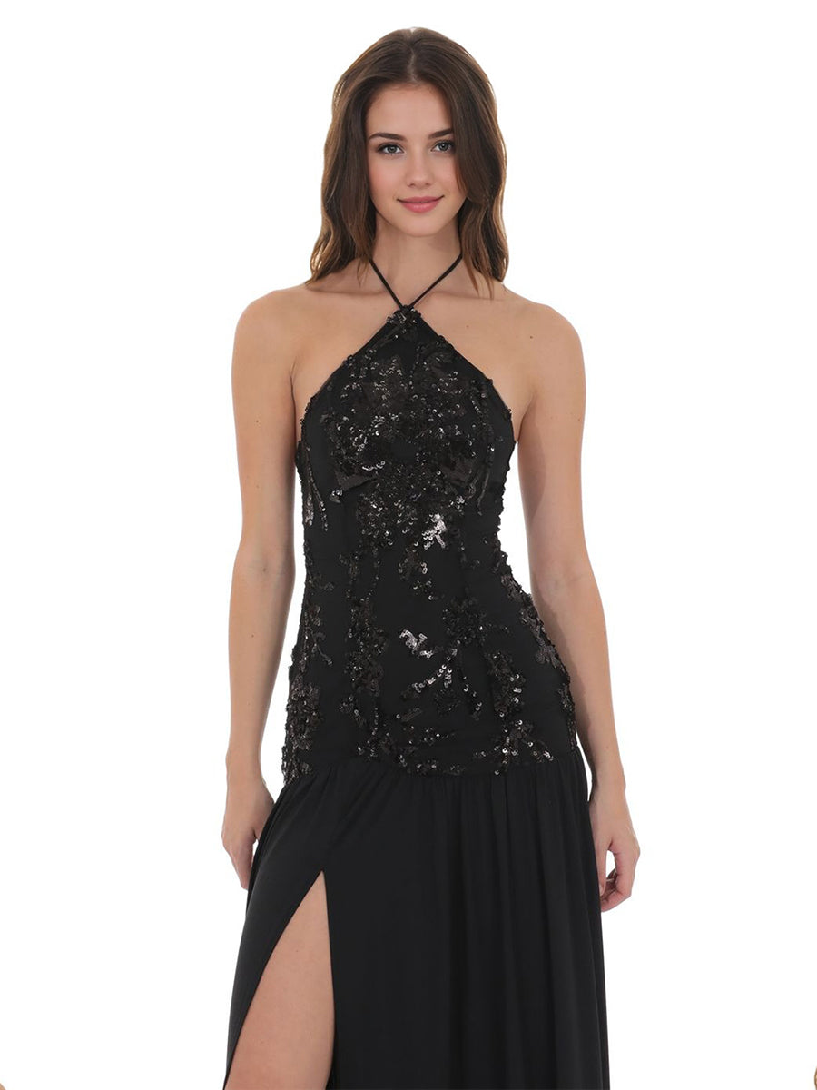 A-Line/Princess Halter Straps Sleeveless Elegant Evening Dresses with Sequins & Split Side
