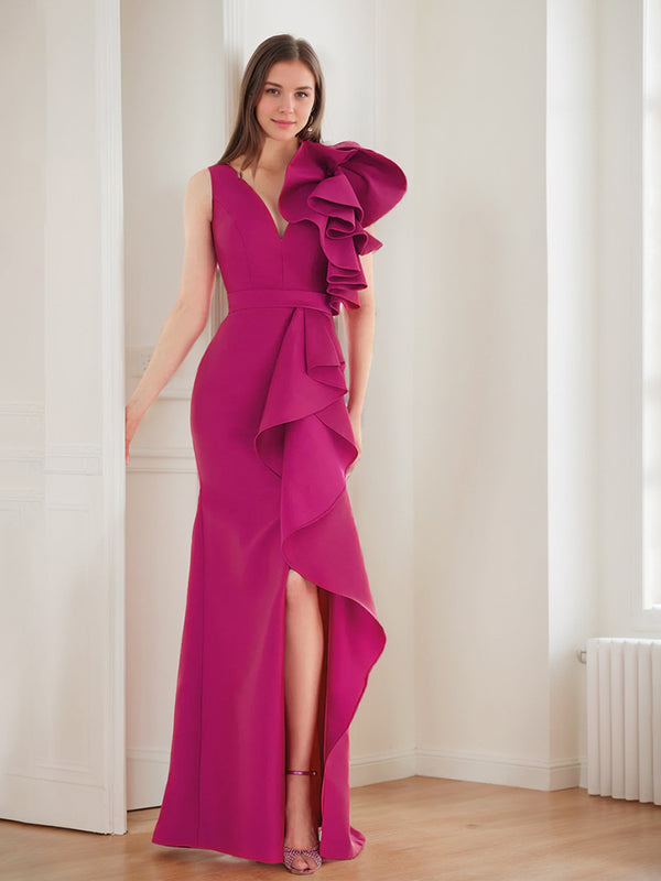 Trumpet/Mermaid V-Neck Sleeveless Ruffled Evening Dresses with Split Side & Belt