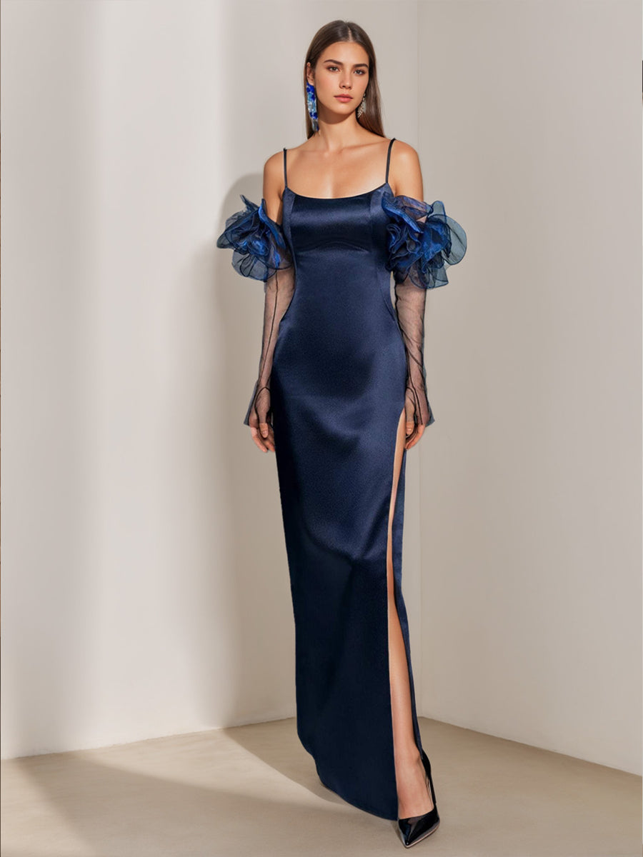 Sheath/Column Spaghetti Straps Evening Dresses with High Split & Detachable Flower Sleeves