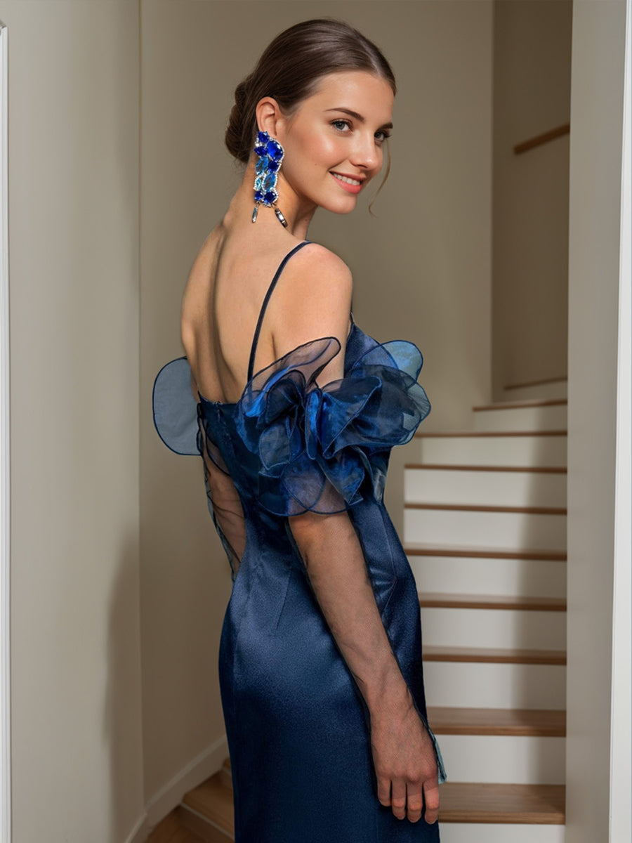 Sheath/Column Spaghetti Straps Evening Dresses with High Split & Detachable Flower Sleeves