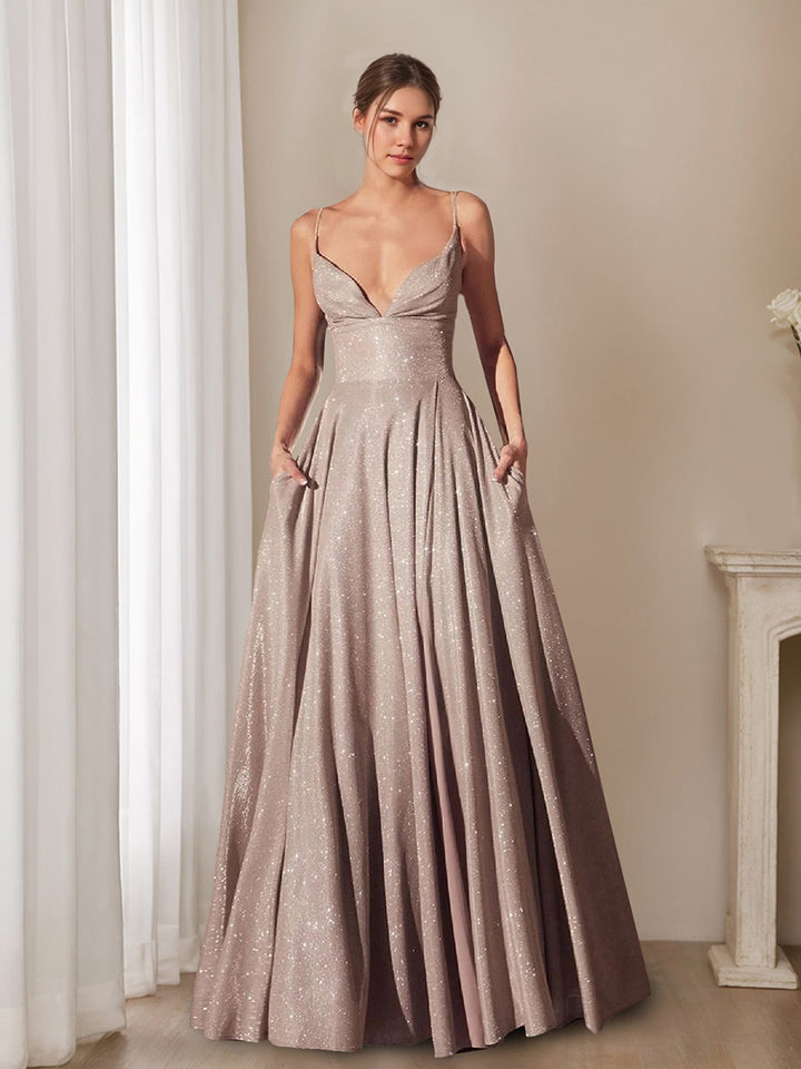 A-Line/Princess Spaghetti Straps Sparkling Evening Dresses with Pockets & Pleats