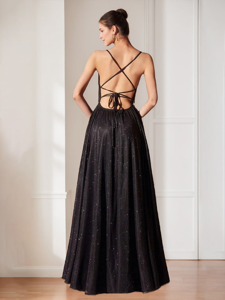 A-Line/Princess Spaghetti Straps Sparkling Evening Dresses with Pockets & Pleats