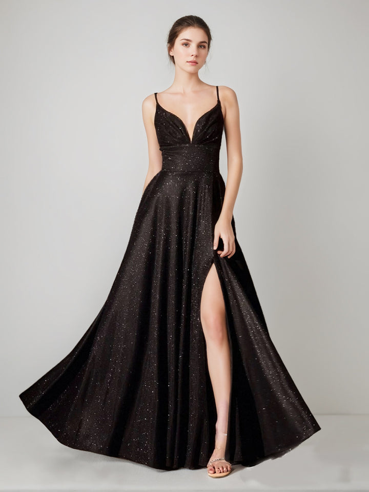 A-Line/Princess Spaghetti Straps Sparkling Evening Dresses with Pockets & Pleats