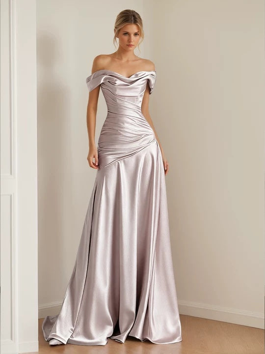 Fashion Nova Evening Dress Tops Off-The-Shoulder Formal Evening Gowns  Elegnat A-Line Satin Long Wedding Guest Dresses Sleeveless Ruched  Floor-Length Pleated Prom Ball Gowns,