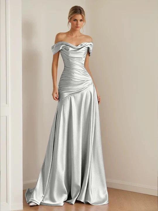 A-Line/Princess Off-the-shoulder Sleeveless Ruched Floor-Length Pleated Evening Dresses