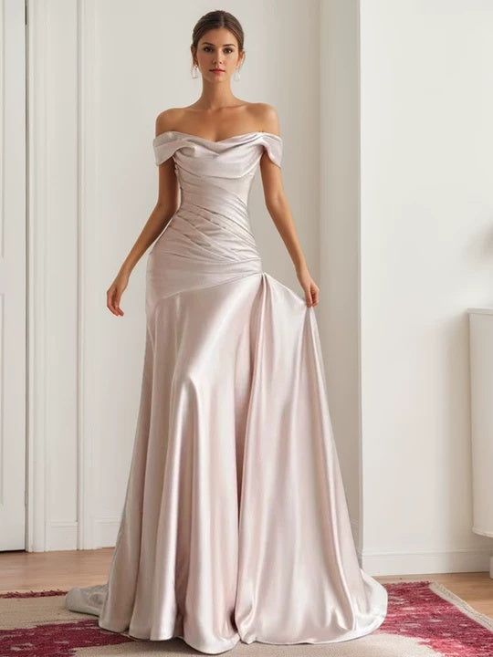 A-Line/Princess Off-the-shoulder Sleeveless Ruched Floor-Length Pleated Evening Dresses