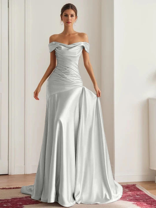 A-Line/Princess Off-the-shoulder Sleeveless Ruched Floor-Length Pleated Evening Dresses