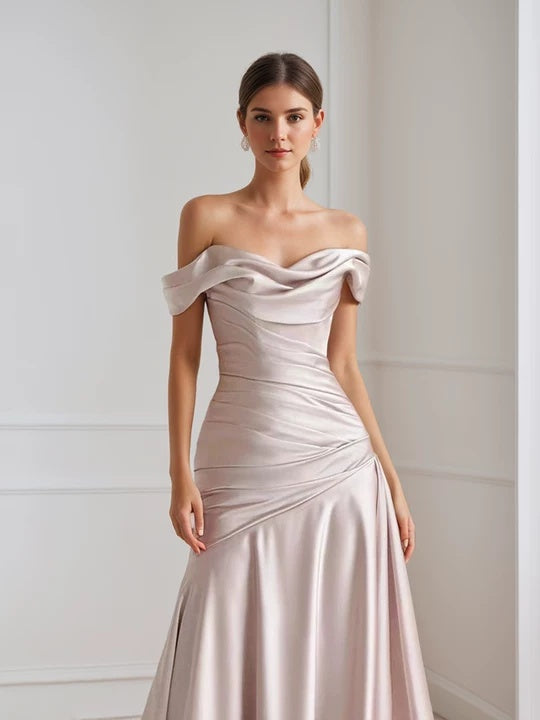 A-Line/Princess Off-the-shoulder Sleeveless Ruched Floor-Length Pleated Evening Dresses
