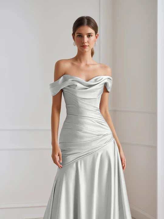 A-Line/Princess Off-the-shoulder Sleeveless Ruched Floor-Length Pleated Evening Dresses