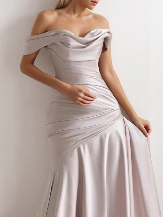 A-Line/Princess Off-the-shoulder Sleeveless Ruched Floor-Length Pleated Evening Dresses