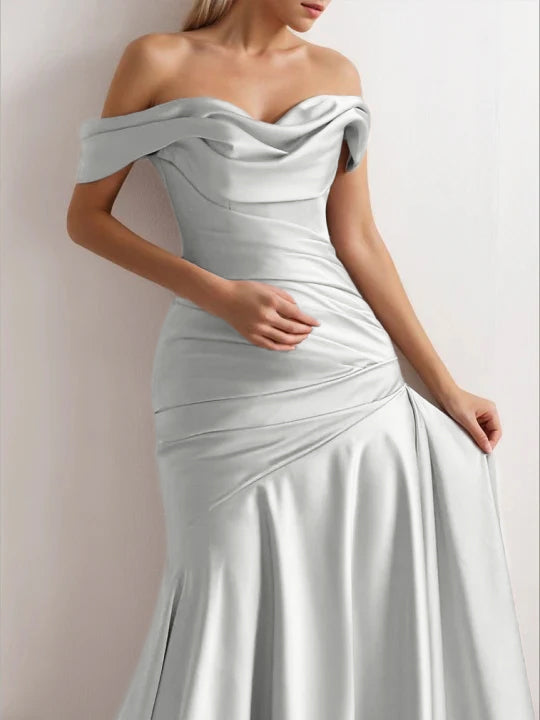 A-Line/Princess Off-the-shoulder Sleeveless Ruched Floor-Length Pleated Evening Dresses