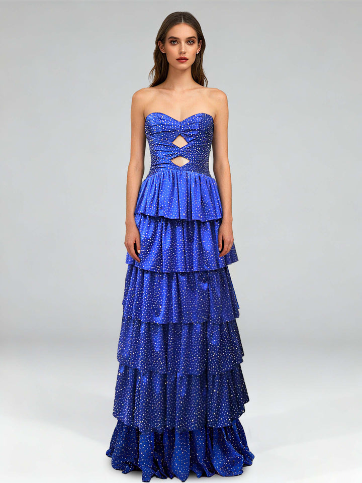 A-Line/Princess Strapless Sleeveless  Floor-Length Evening Dresses with Cut-Out & Tiered Ruffles