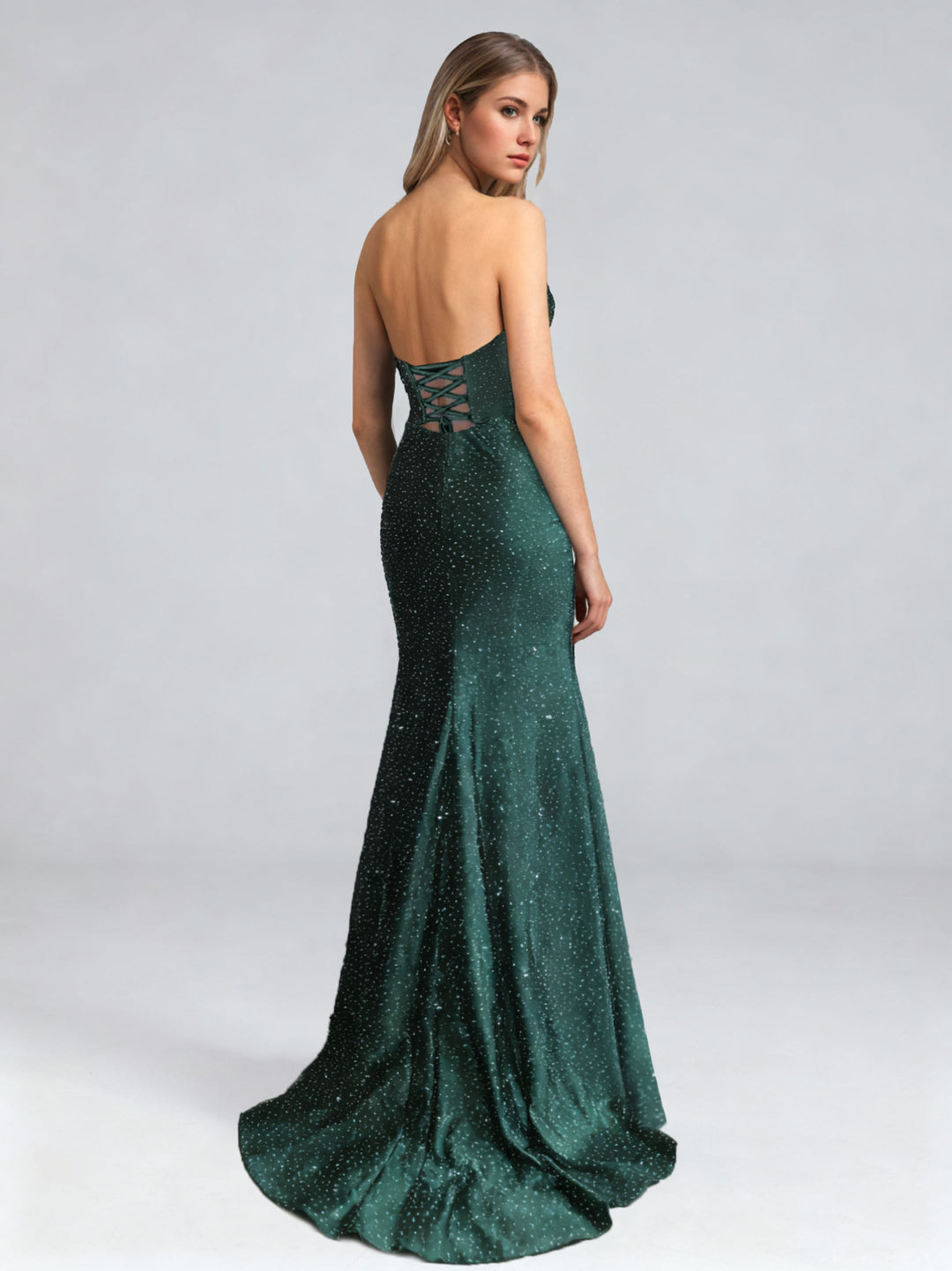 Sheath/Column Elegant Strapless Ruched Sweep Train Evening Dresses with Side Slit & Lace-up & Sequins