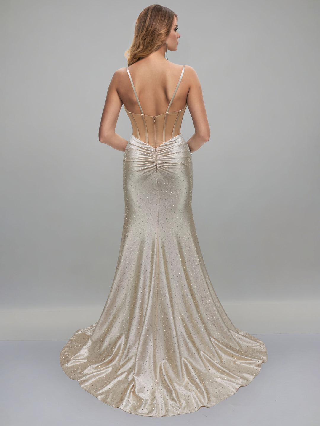 A-Line/Princess Spaghetti Straps Sweep Train Ruched Evening Dresses with Side Slit & Rhinestones