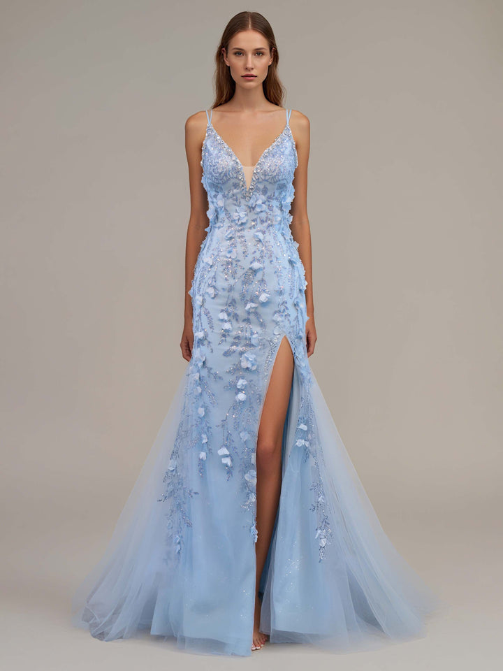 Trumpet/Mermaid Spaghetti Straps Sweep Train Evening Dresses with Side Slit & Sequins & 3D Flowers & Tulle