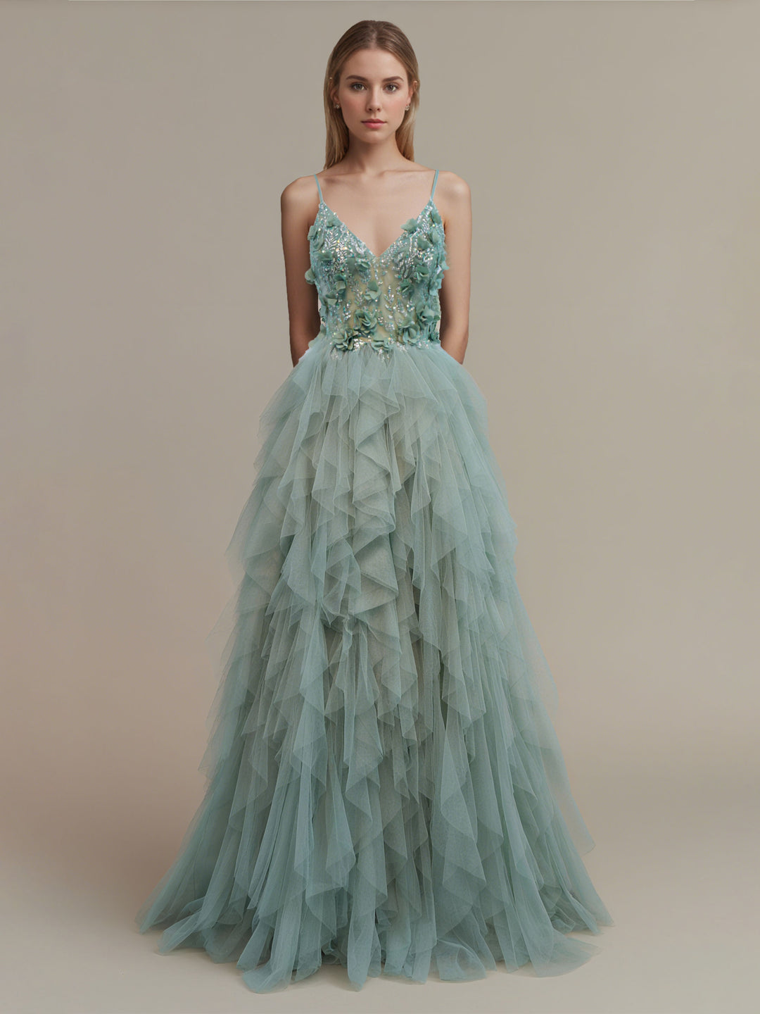 A-Line/Princess Spaghetti Straps Floor-Length Evening Dresses with 3D Flowers & Tiered Tulle