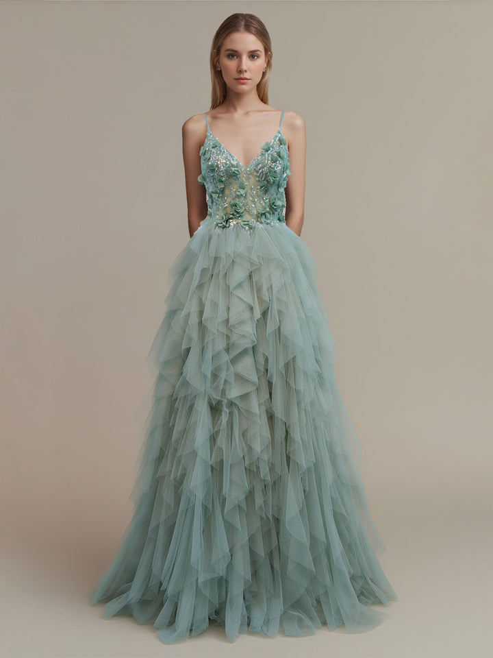A-Line/Princess Spaghetti Straps Floor-Length Evening Dresses with 3D Flowers & Tiered Tulle