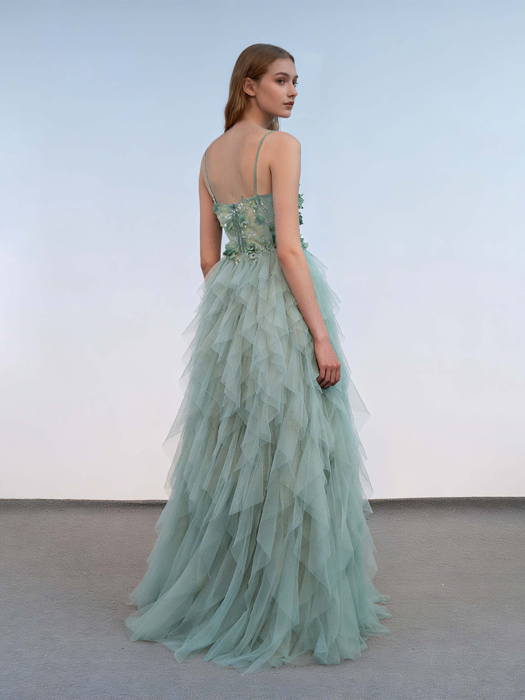 A-Line/Princess Spaghetti Straps Floor-Length Evening Dresses with 3D Flowers & Tiered Tulle