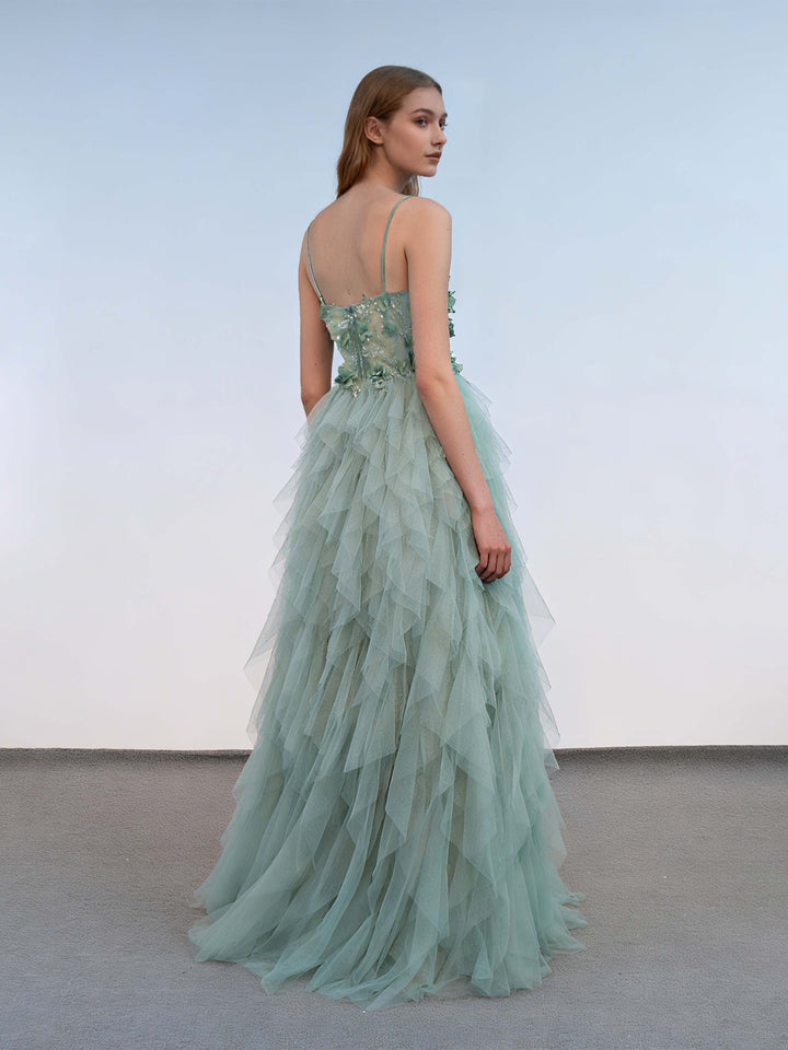 A-Line/Princess Spaghetti Straps Floor-Length Evening Dresses with 3D Flowers & Tiered Tulle