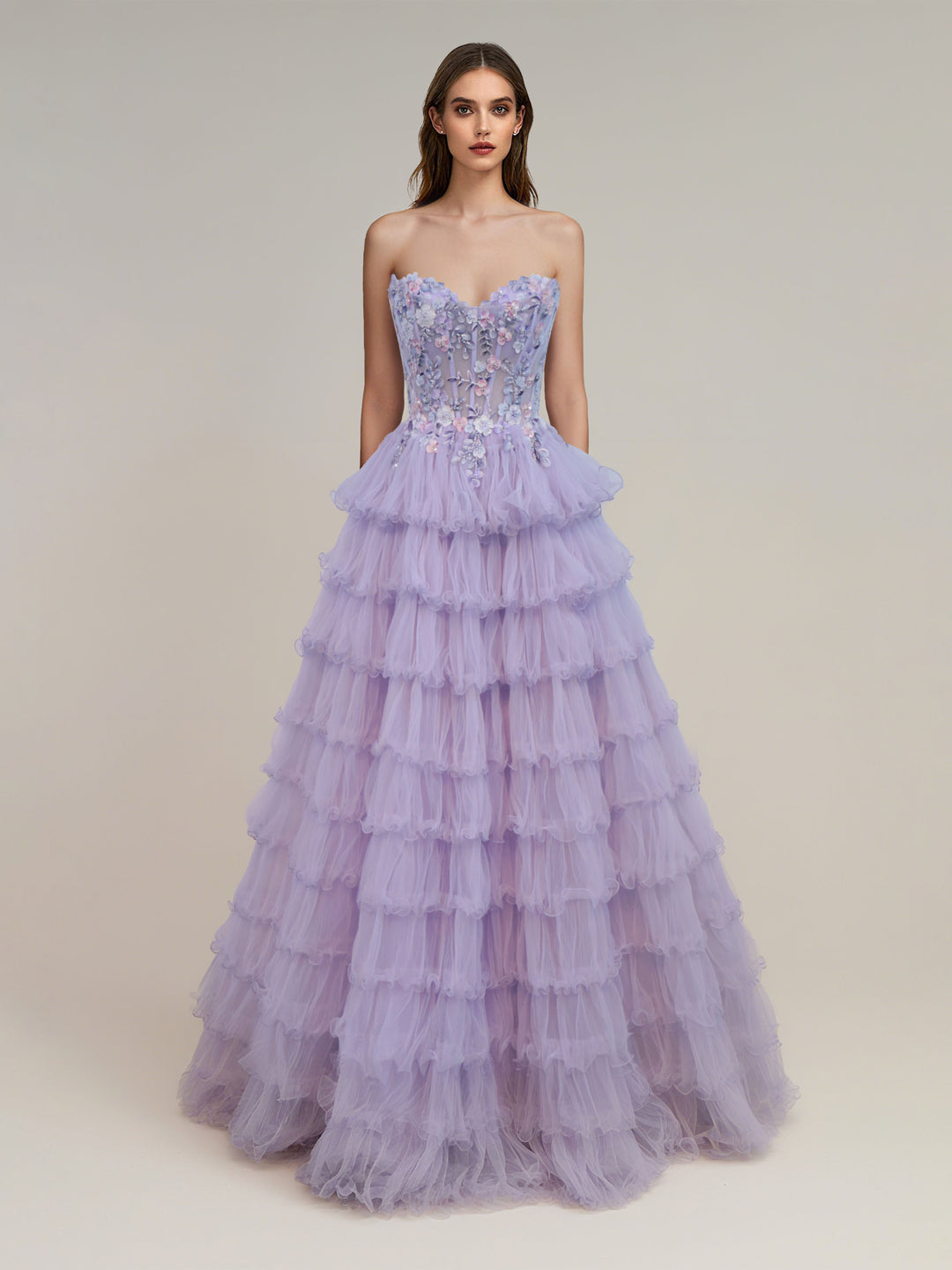 A-Line/Princess Strapless Sleeveless Evening Dresses with 3D Flowers & Tiered Tulle & Lace-up