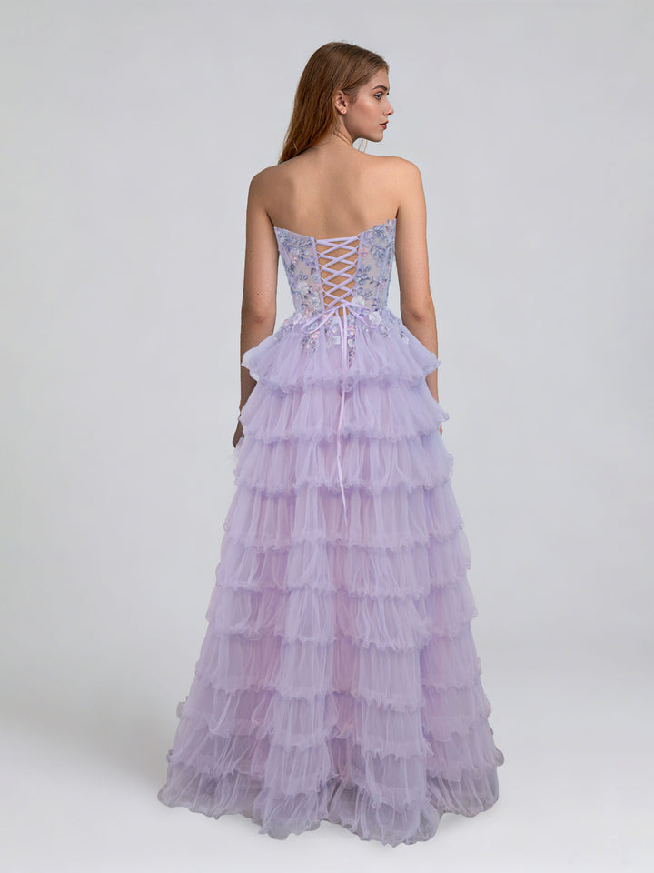 A-Line/Princess Strapless Sleeveless Evening Dresses with 3D Flowers & Tiered Tulle & Lace-up