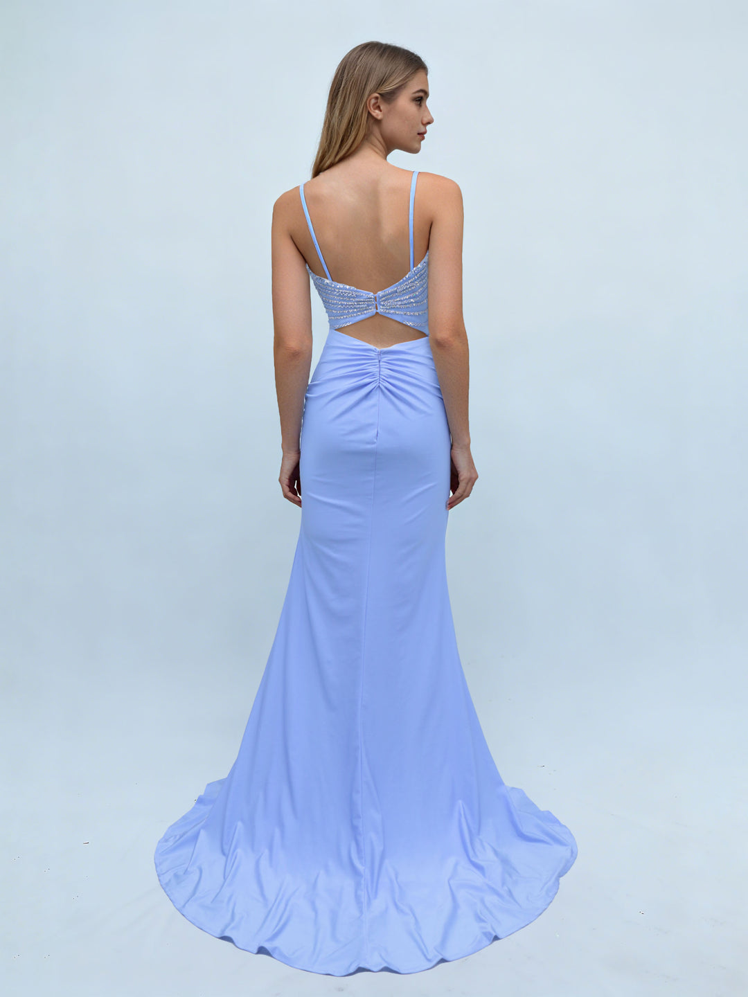 Sheath/Column Spaghetti Straps Sweep Train Ruched Evening Dresses with Cut-Out & Sequins & Side Slit