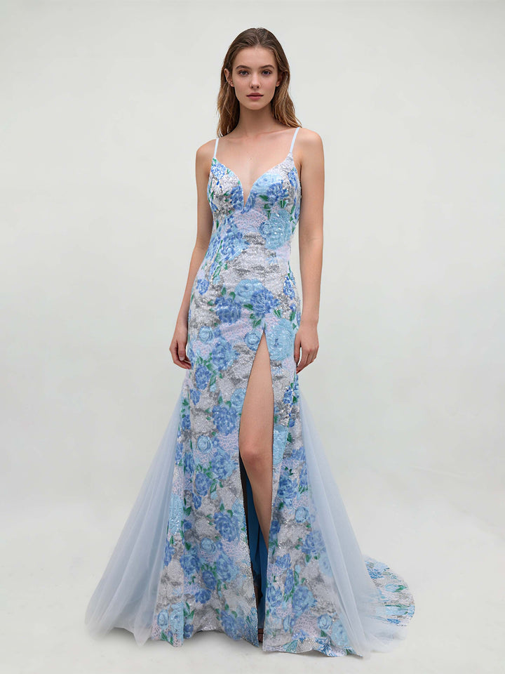 A-Line/Princess Spaghetti Straps Sweep Train Evening Dresses with Sequins & Side Slit & Appliques & Criss-cross Back Straps