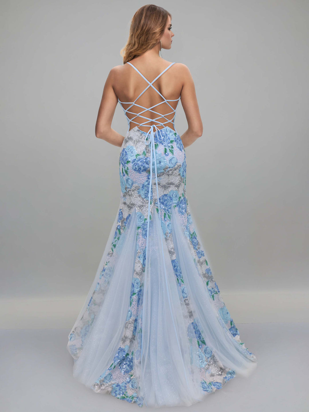 A-Line/Princess Spaghetti Straps Sweep Train Evening Dresses with Sequins & Side Slit & Appliques & Criss-cross Back Straps