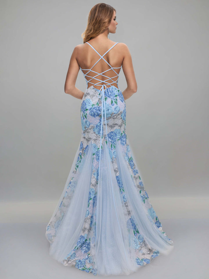 A-Line/Princess Spaghetti Straps Sweep Train Evening Dresses with Sequins & Side Slit & Appliques & Criss-cross Back Straps