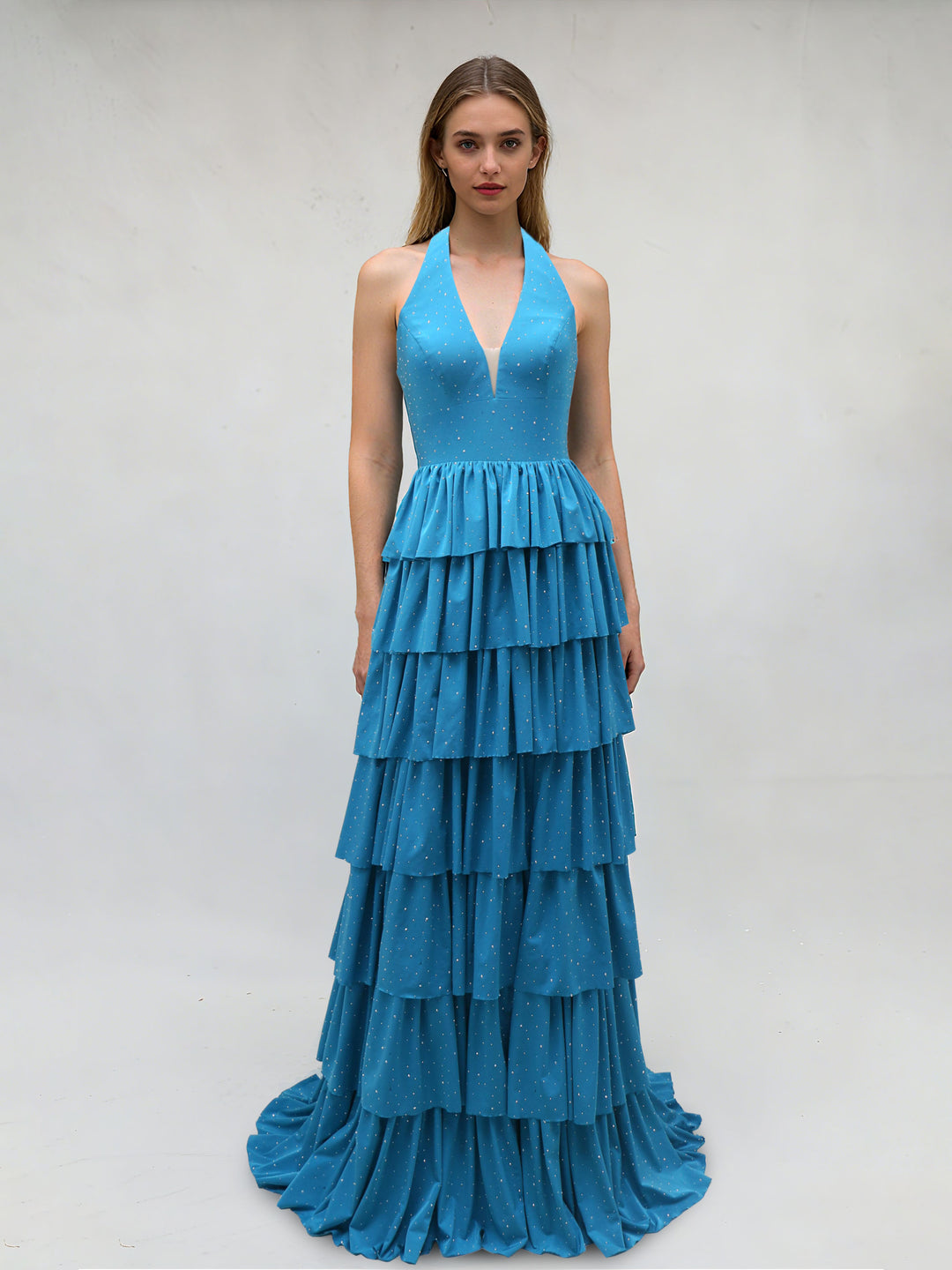 A-Line/Princess Halter Sleeveless Floor-Length Evening Dresses with Tiered Ruffles & Rhinestones