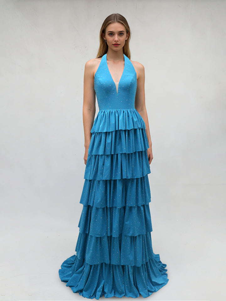 A-Line/Princess Halter Sleeveless Floor-Length Evening Dresses with Tiered Ruffles & Rhinestones