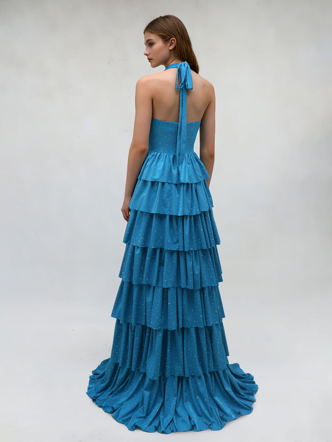 A-Line/Princess Halter Sleeveless Floor-Length Evening Dresses with Tiered Ruffles & Rhinestones