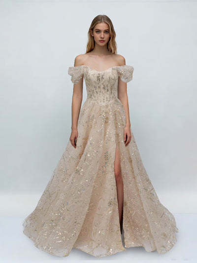 Trumpet/Mermaid Spaghetti Straps Floor-Length Evening Dresses with Sequins & Side Slit & Appliques & Criss-cross Back Straps