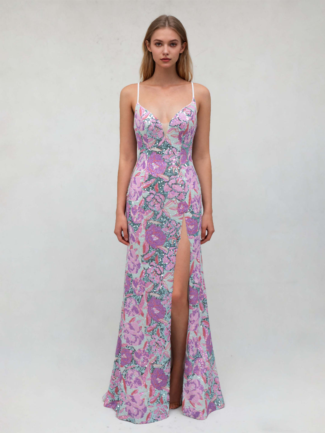 Trumpet/Mermaid Spaghetti Straps Floor-Length Evening Dresses with Sequins & Side Slit & Appliques & Criss-cross Back Straps