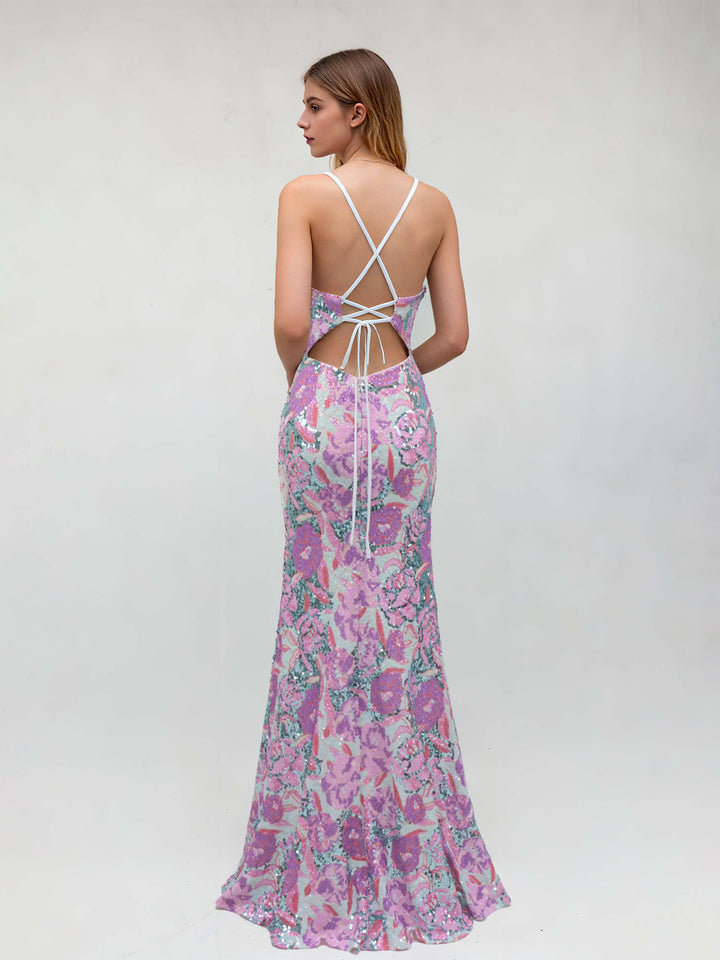 Trumpet/Mermaid Spaghetti Straps Floor-Length Evening Dresses with Sequins & Side Slit & Appliques & Criss-cross Back Straps