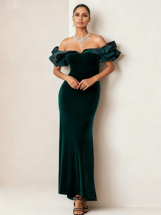 Trumpet/Mermaid Off-the-Shoulder Sleeveless  Floor-Length Velvet Evening Dresses With Ruched
