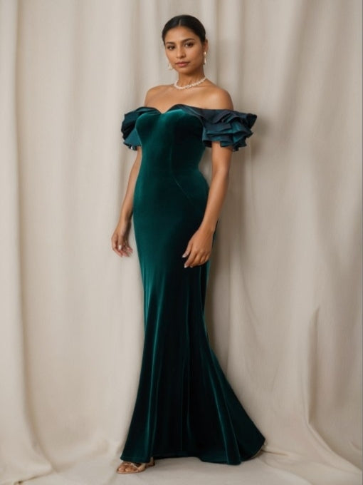 Trumpet/Mermaid Off-the-Shoulder Sleeveless  Floor-Length Velvet Evening Dresses With Ruched
