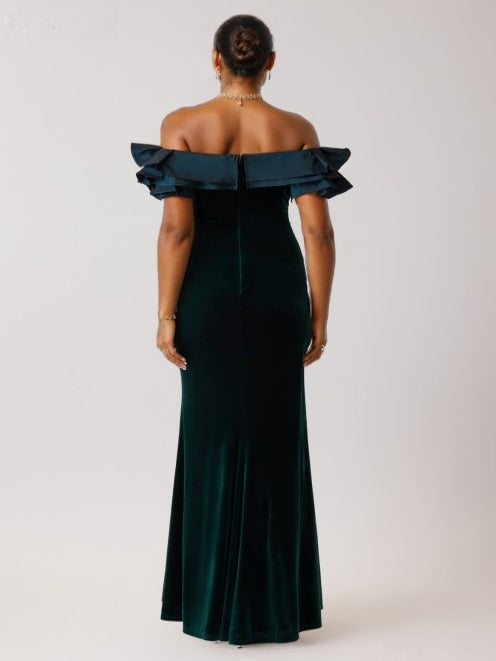 Trumpet/Mermaid Off-the-Shoulder Sleeveless  Floor-Length Velvet Evening Dresses With Ruched