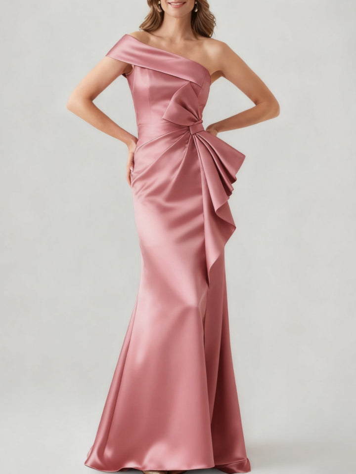 Trumpet/Mermaid One-Shoulder Ruched Evening Dresses with Bowknot Floor-Length Satin Party Dresses