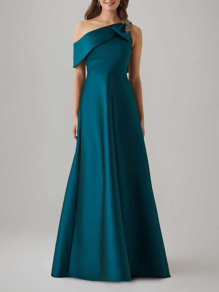 A-Line/Princess One-Shoulder Evening Dresses Floor-Length Satin Party Dresses with Jewel bow
