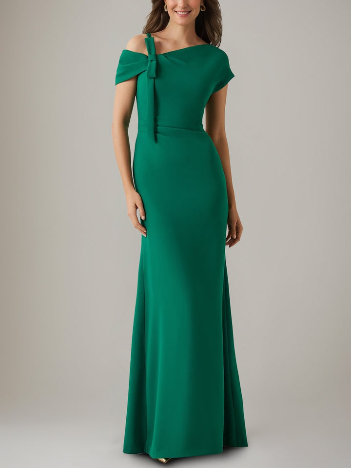 Sheath/Column Floor-Length Evening Dresses Short Sleeves Asymmetrical Bow Party Dresses