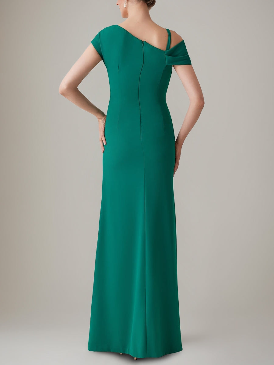 Sheath/Column Floor-Length Evening Dresses Short Sleeves Asymmetrical Bow Party Dresses