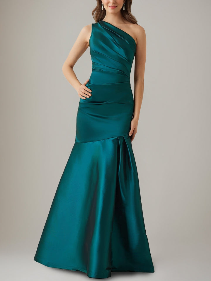 Trumpet/Mermaid One-Shoulder Pleated Evening Dresses Floor-Length Satin Party Dresses