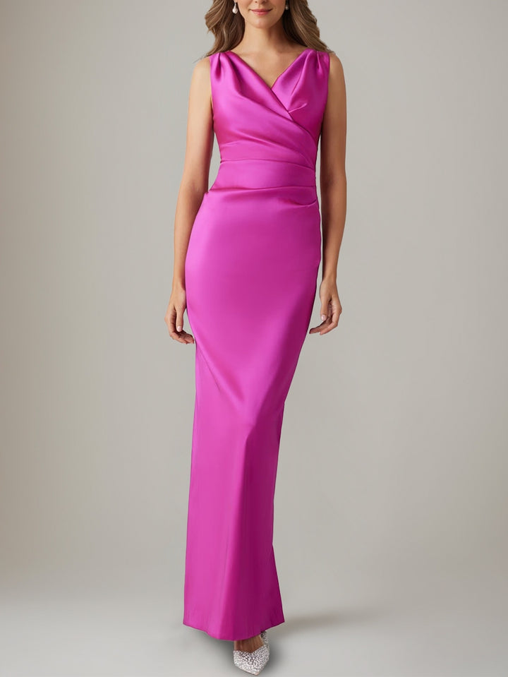 Sheath/Column V-Neck Ruched Evening Dresses Floor-Length Satin Party Dresses