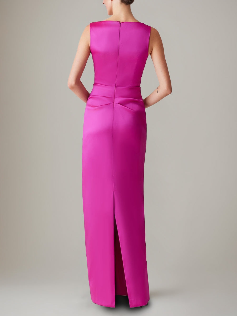 Sheath/Column V-Neck Ruched Evening Dresses Floor-Length Satin Party Dresses