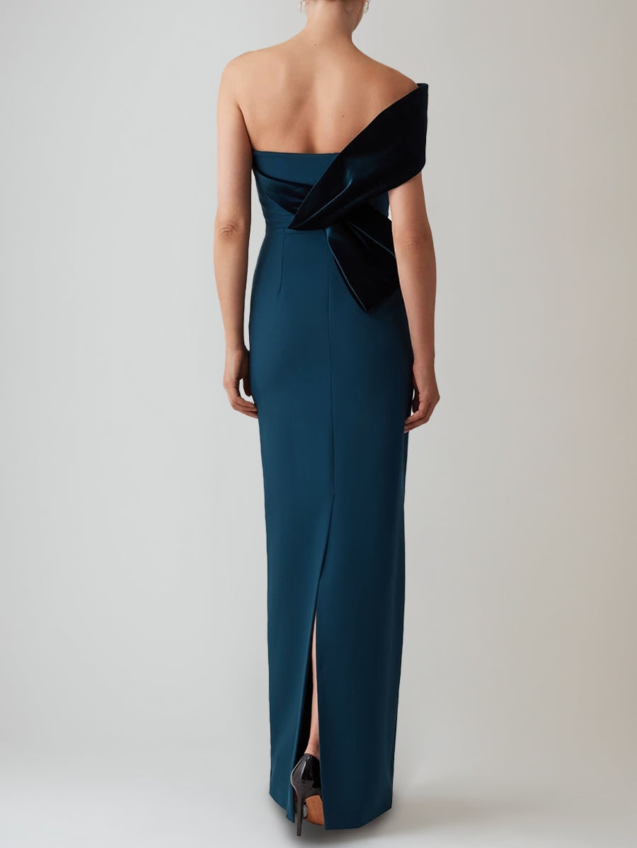 Sheath/Column Floor-Length Off-the-Shoulder Evening Dresses with Velvet Bow Party Dresses