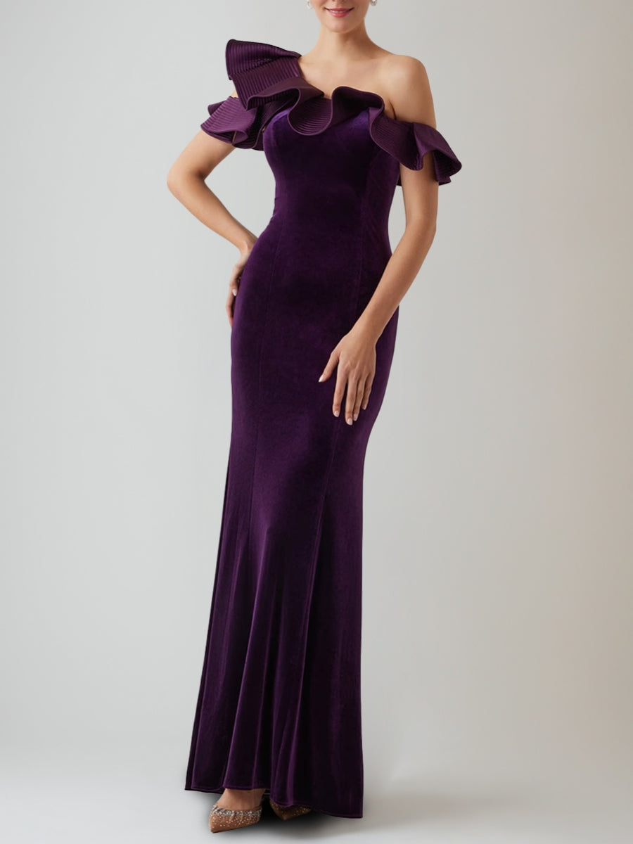 Sheath/Column Off-the-Shoulder Velvet Evening Dresses Floor-Length Asymmetrical Party Dresses