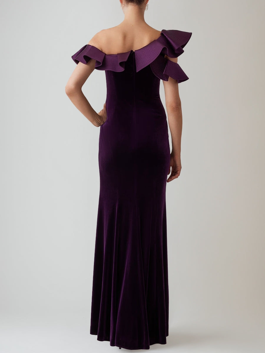 Sheath/Column Off-the-Shoulder Velvet Evening Dresses Floor-Length Asymmetrical Party Dresses