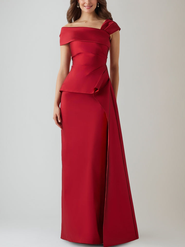 Sheath/Column Off-the-Shoulder Ruched Evening Dresses Floor-Length Satin Party Dresses